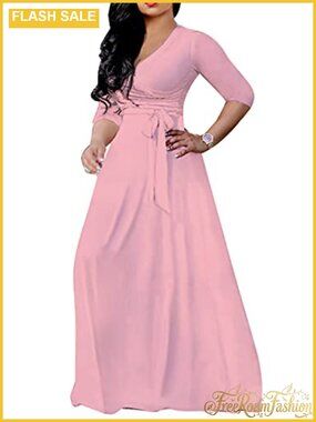 Plus Size Maxi Dress 3/4 Sleeve V-Neck Beach Sundress with Pockets